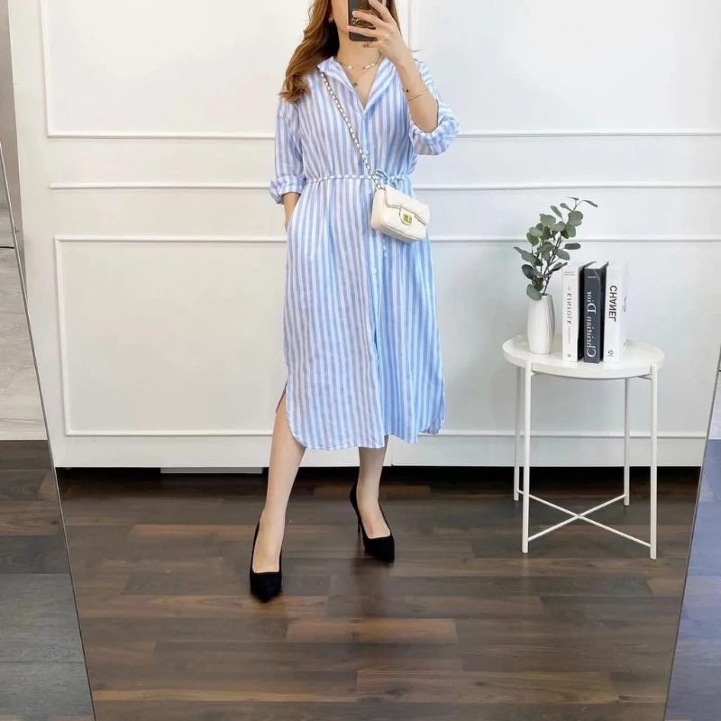 Stripe tunik oversize/tunik kekinian/tunik model terbaru termurah/dress salur kancing depan