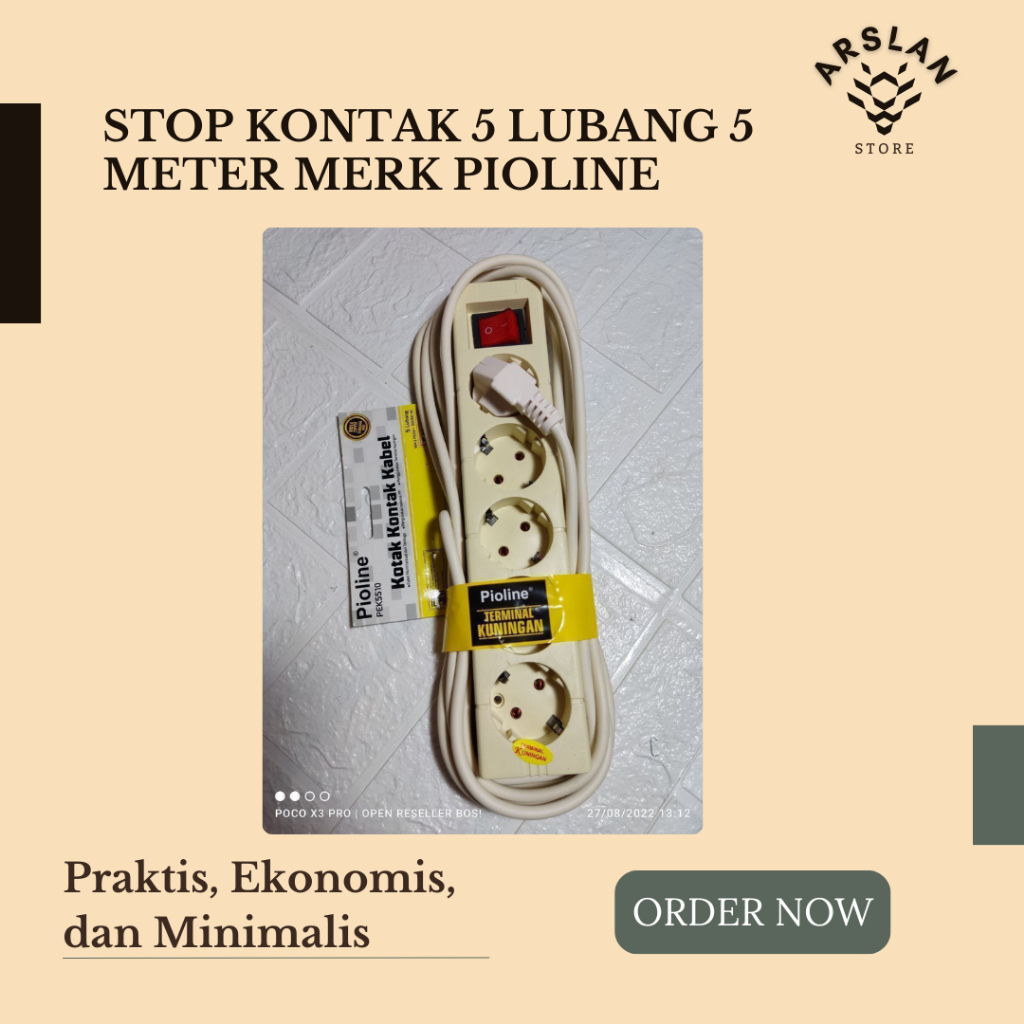 STOP KONTAK 5 LUBANG 5 METER MERK PIOLINE