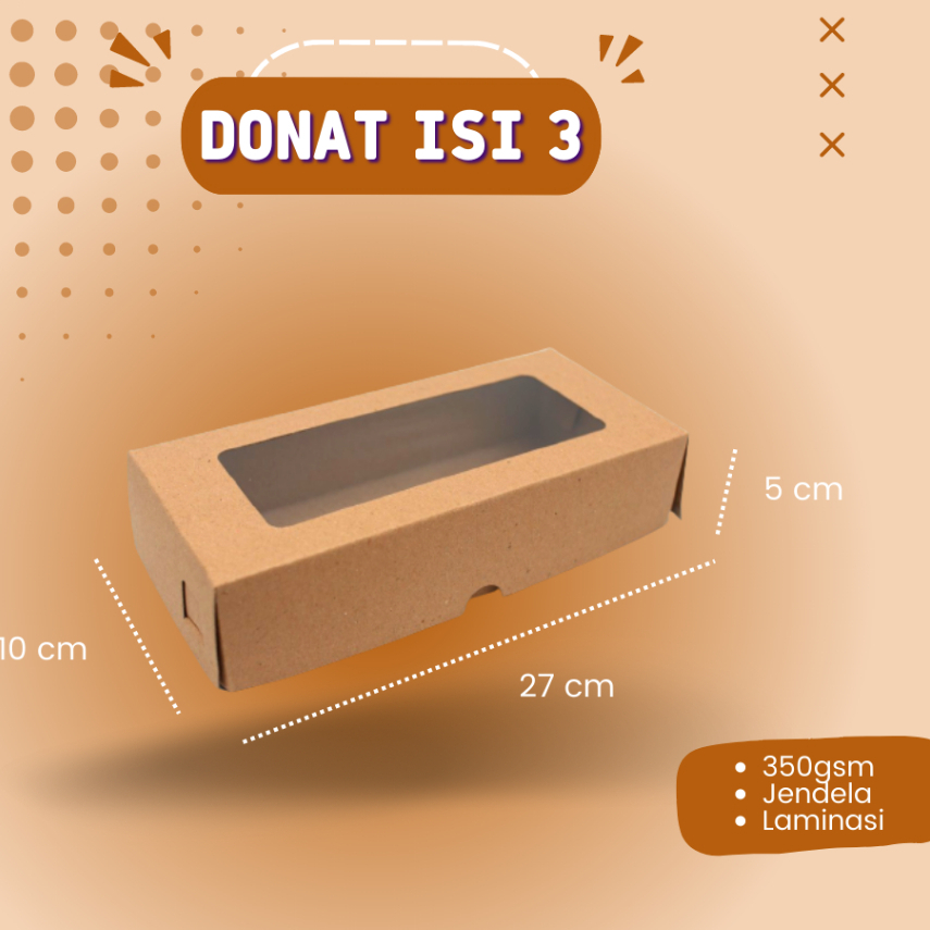 

Dus Kraft 27x10x5cm 350gsm dan 290gsm laminasi dalam / Dus Donat isi 3 / dus roti / dus kraft / dus donat pcs