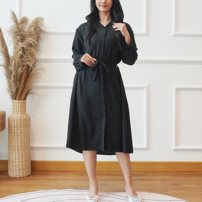 GDTIMA Tunik Long Sleeve Belt Dress Tunik Kancing Depan  Busui Casual Polos