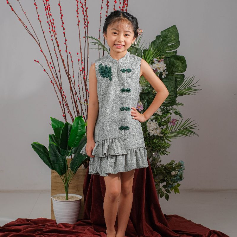 Little Glam Emerald Dress Imlek Anak Perempuan Usia 3-13 Tahun Hijau Twotone | Gaun Imlek Cewek