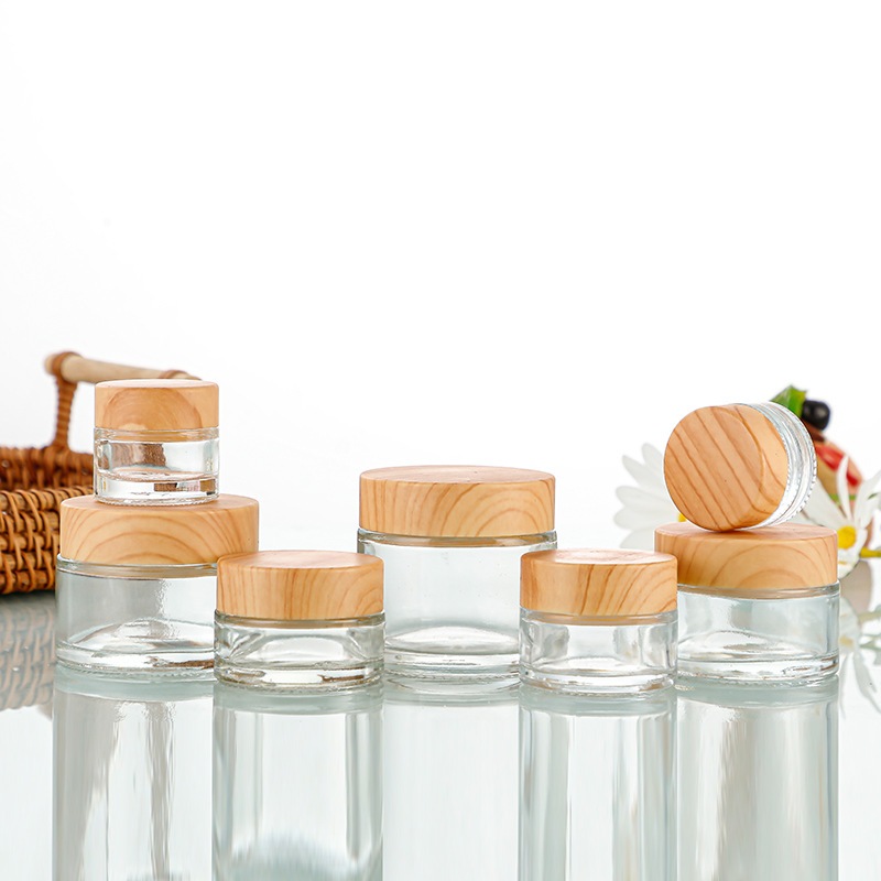 Pot krim kosmetik TUTUP KAYU botol bening kaca serum Pot Jar skincare