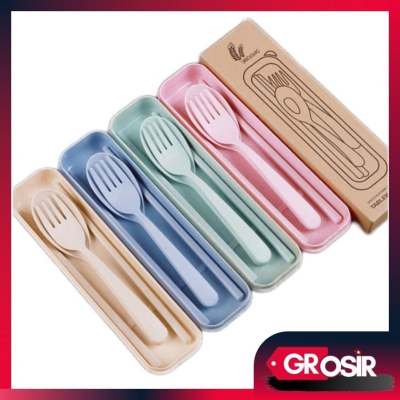 BPT - H515 Sendok Set Garpu Sumpit + Kotak Bahan Jerami / Sendok Set 3 in 1 / Perlengkapan Makan