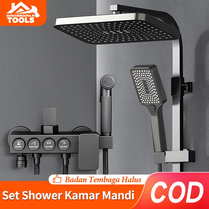 Shower Dengan Tombol Emas Hitam/Set Shower Lengkap Kamar Mandi Rumah /Shower Persegi Kecil Hitam