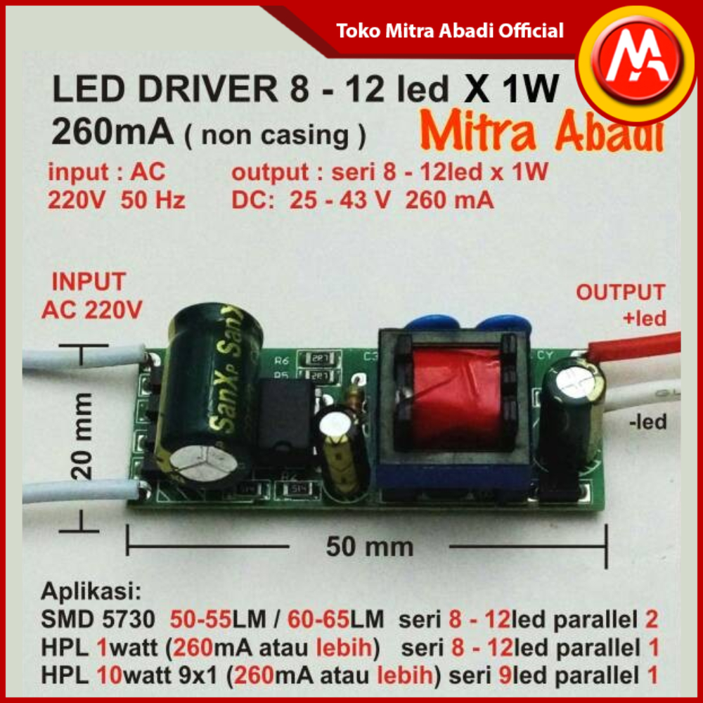 LED Driver 8-12x1 Watt 260 mA AC - DC Tanpa Casing