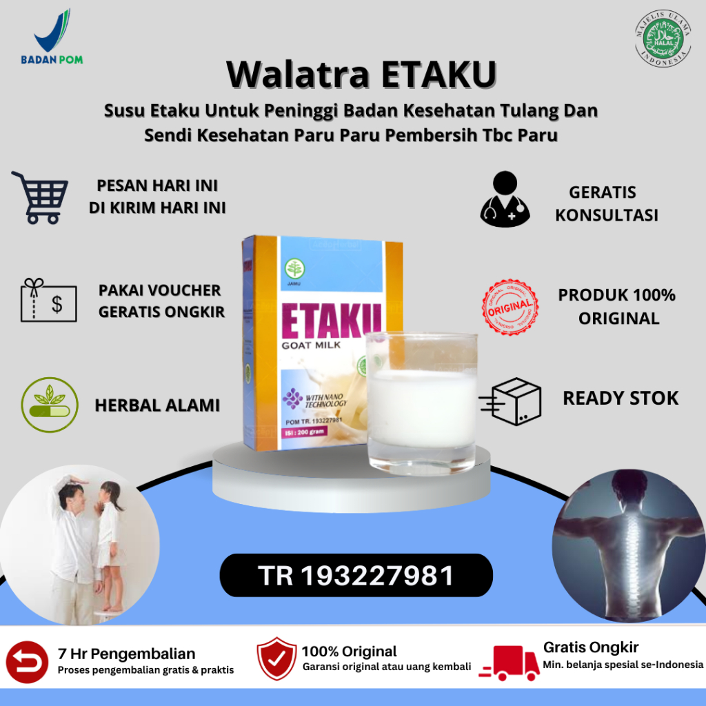 

Susu Etaku Untuk Peninggi Badan Kesehatan Tulang Dan Sendi Kesehatan Paru Paru Pembersih Tbc Paru Kecerdasan Otak Asam Lambung Gerd Magh Sesak Nafas Asma Dari Ekstrak Susu Kambing Etawa