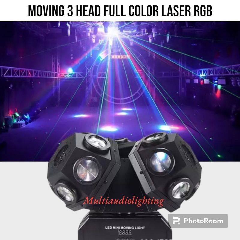 Lampu Panggung Moving 3 Head Full Color 3 Laser RGB