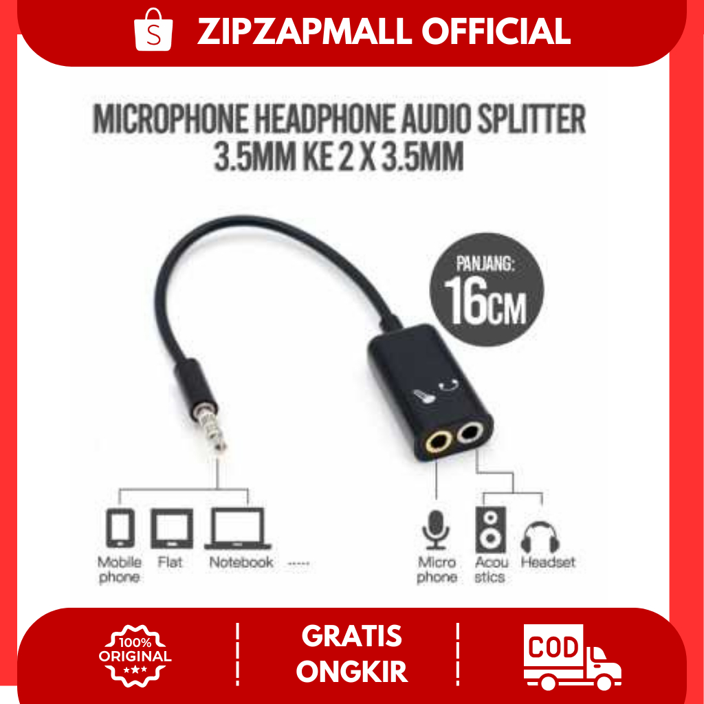 Microphone Headphone Audio Splitter 3.5mm ke 2 x 3.5mm / Kabel Audio Aux Jack Mic Speaker / Kabel Ja