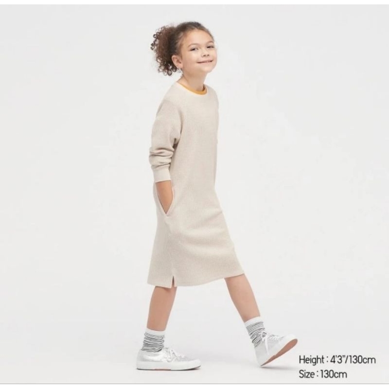 Dress Uniqlo Girl Gaun Waffle Dress Lengan Panjang Anak