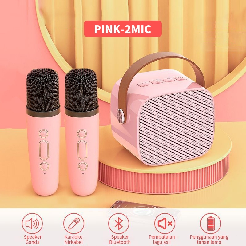 (COD)♫[Speaker mini bluetooth]♪ mini Karaoke Bass K1 Microphone Premium set lengkap speaker bluetooth mic wireless Dapat terhubung ke keponsel komputer-Merah jambu/2 mic