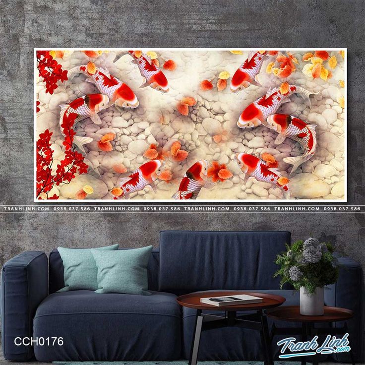 lukisan dinding ikan koi 9 ekor fengshui- lukisan koi minimalis - lukisan ikan koi fengshui lanscape