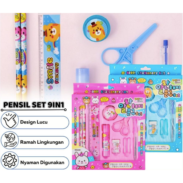 

Pensil Set 9in1 Karakter Lucu / Paket Lengkap Alat Tulis Tutup Pensil Pulpen Penghapus Penggaris Rautan Lem Gunting Kertas Gambar kartun Imut / Mini Stationery Character 9 Pcs ATK Perlengkapan Menulis Anak Sekolah Hadiah Kado Ulang Tahun Souvenir SD PAUD