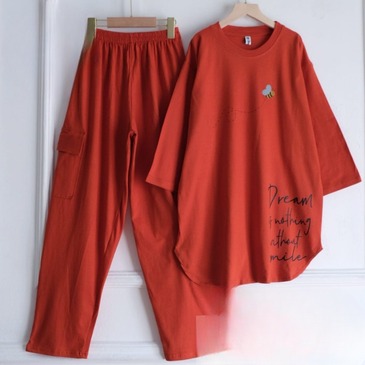 Baju Setelan Wanita Kekinian Dream Set BO Bahan Kaos Katun Combed 24S Aplikasi Sablon Size M L XL XX