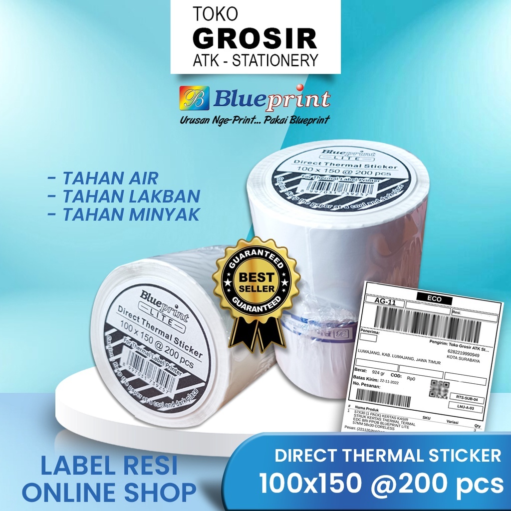 

100x150 Resi Label Pengiriman A6 Kertas Thermal Sticker Barcode BLUEPRINT Lite 200Pcs Stiker Termal