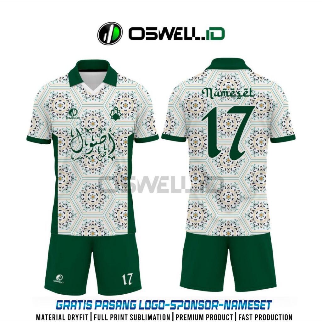 BAJU JERSEY FUTSAL MUSLIM HIJAU PUTIH FREE CUSTOM FULL PRINTING PREMIUM