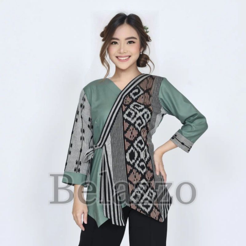 Baju Atasan Blouse Batik Tenun Etnik Wanita Terbaru - Kemeja Kerja Batik Tenun Modern - Atasan Blus 