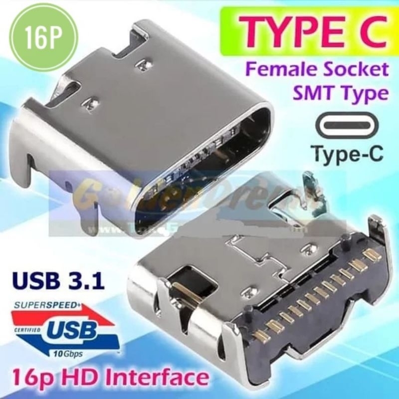 Soket USB Type C 16 Pin USB-C Connector USB SMD 16P Female DIP4 Hd Smartphone