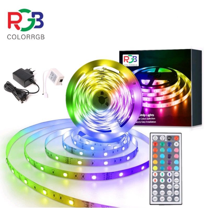 PAKET LAMPU LED STRIP RGB 2835 5050 3528 WARNA WARNI 5M 10 METER IP44 WATERPROF KOMPLIT 1 SETT ADAPT