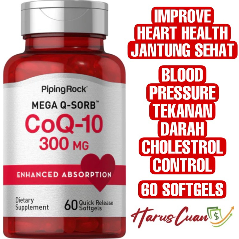 Piping Rock CoQ-10 300 mg 60 Softgels Cholestrol Kolestrol Blood Pressure Control Tekanan Darah Hear