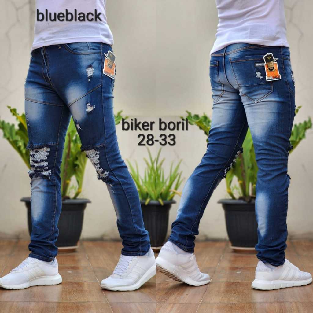 Celana Jeans Ripped Denim Sobek Pria - Biker Boril