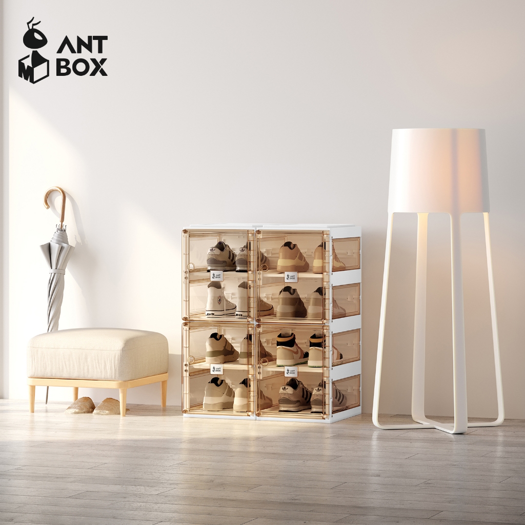 ANTBOX Rak Sepatu Susun 2 Baris 8 Pasang Sisi Transparan Lemari Sepatu Anti Debu Pintu Magnet