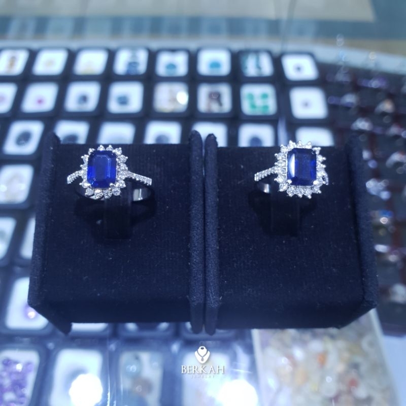 Cincin Emas Putih 40% Berlian Asli & Natural Blue l Sapphire