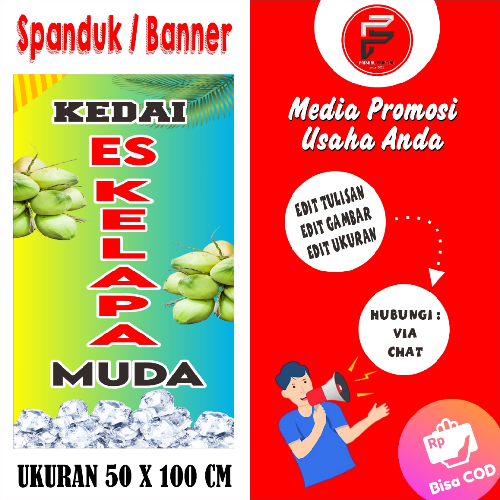 Banner Es Kelapa Muda / Spanduk Es Kelapa Muda / Banner Es Kelapa / Spanduk Ukuran 50 x 100 cm