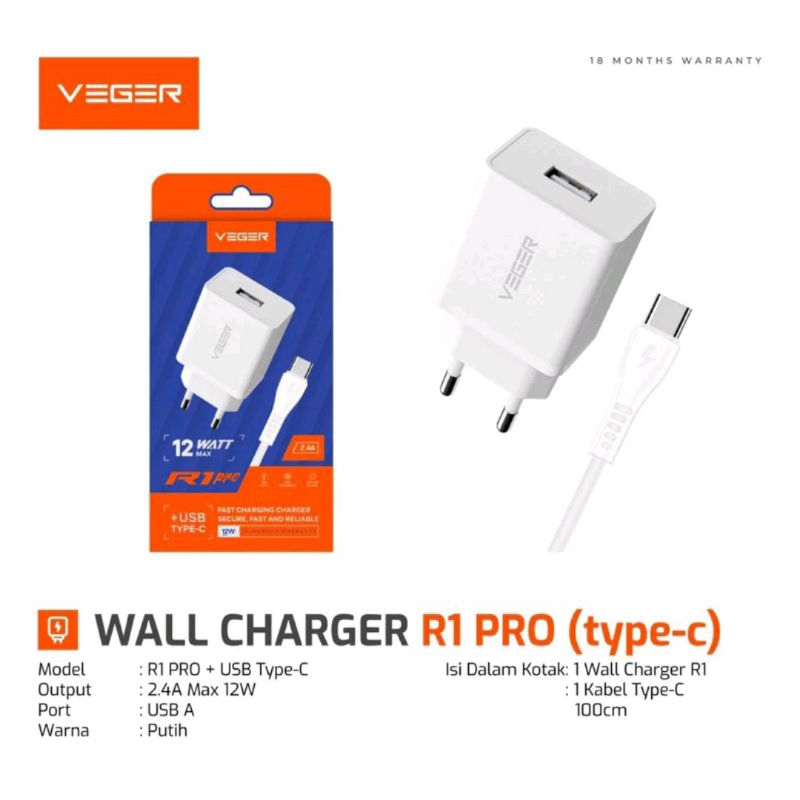 VEGER R1 PRO / charger VEGER R1 PRO 12W 2.4A with kabel MICRO USB or TYPE C ORIGINAL