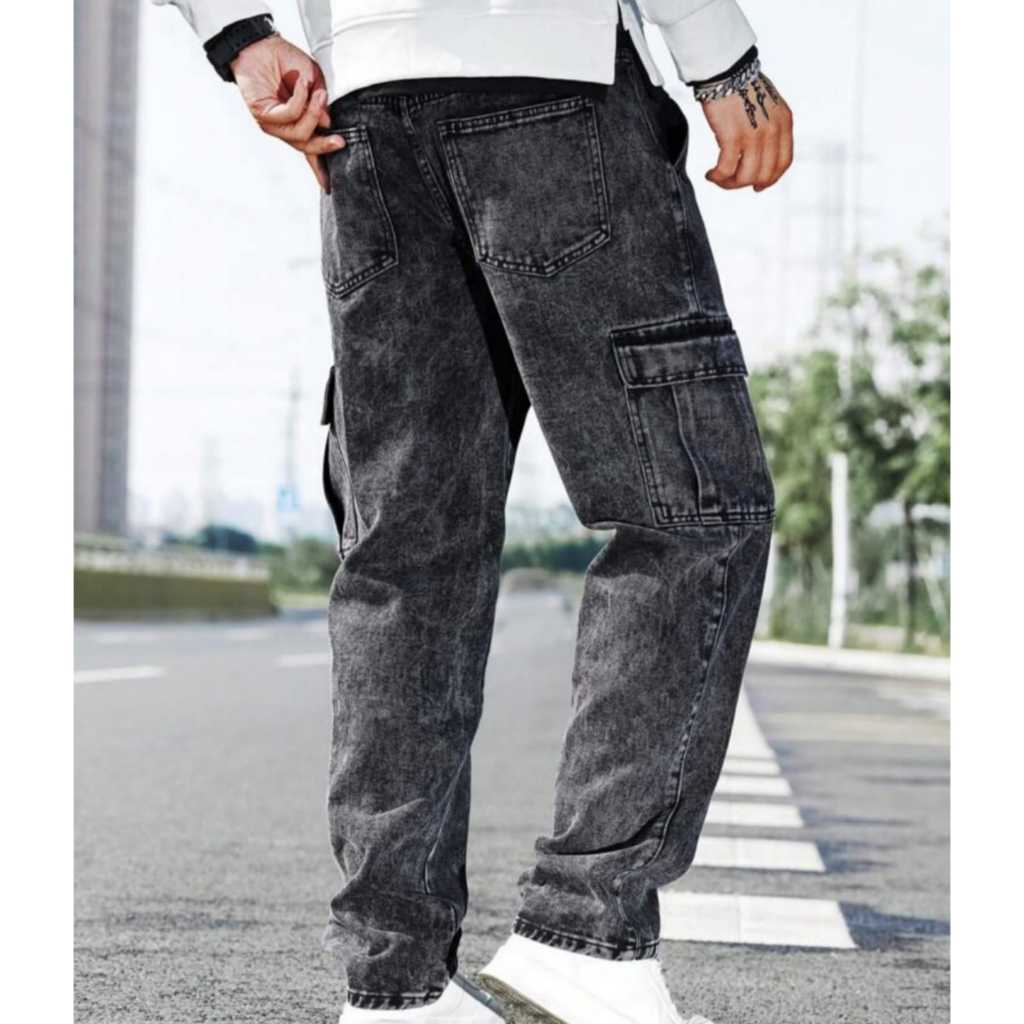 Celana Panjang Pria Jeans Cargo Denim Kargo Jeans Kantong Samping Pria