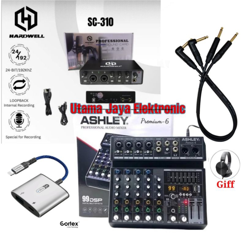 Paket Mixer Audio Ashley Premium 6 Audio Interface Hardwell SC-310 Kabel Audio Akai To Akai Kabel Aux Vention OTG Cortex