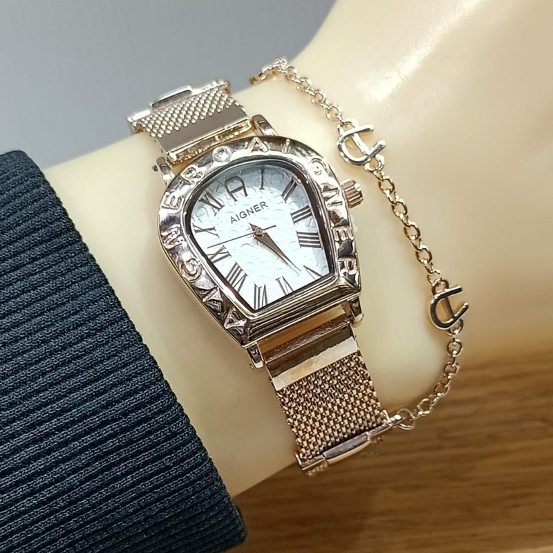 ( BISA COD ) Jam Tangan Wanita AIGNER Rantai Pasir Stainless Steel Plus Gelang Jam Tangan Fashion Ce