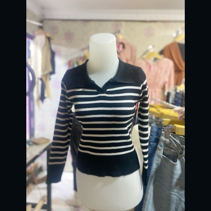 Atasan Wanita Kaos Rajut  Salur Lengan Panjang Berkerah Import BANGKOK