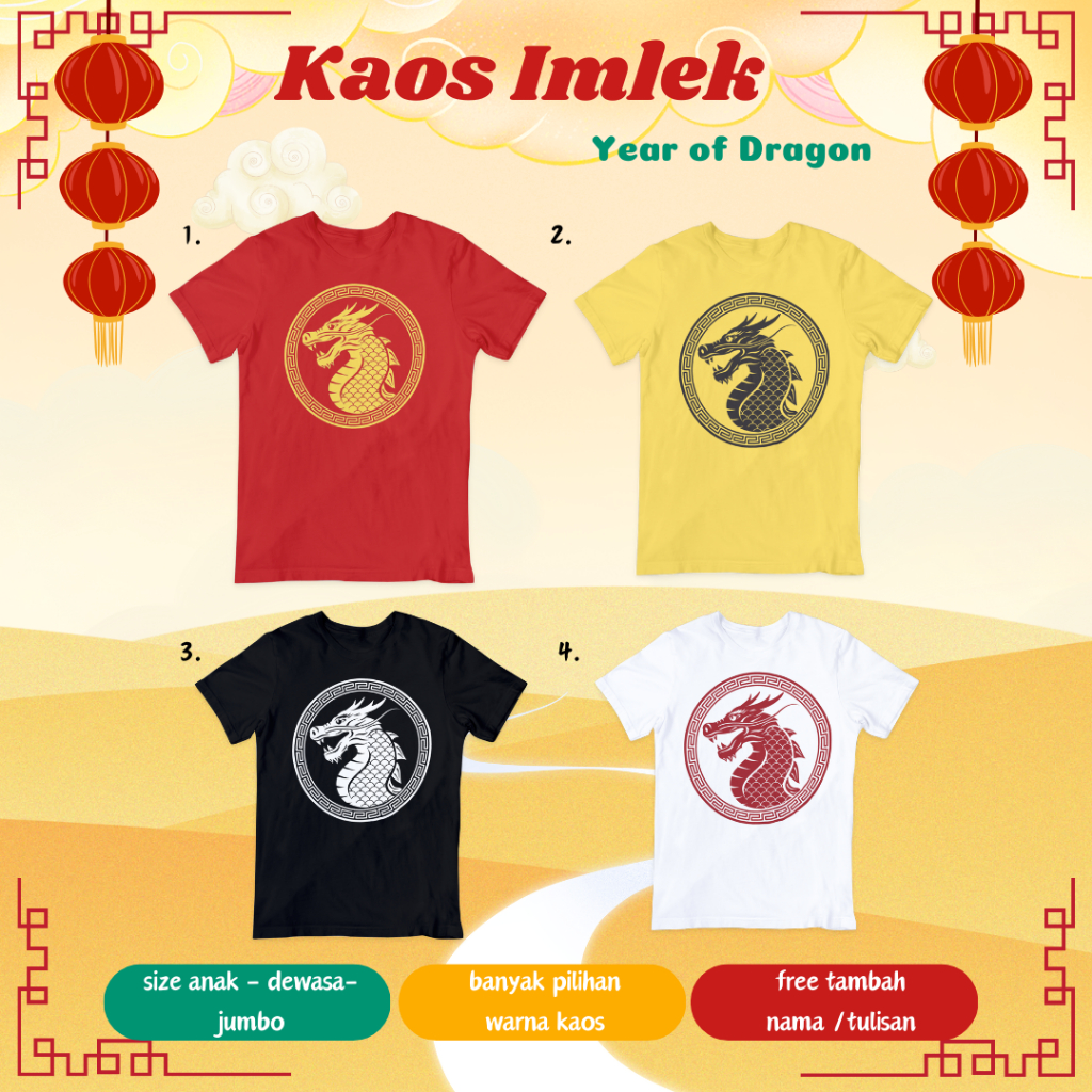 Kaos Imlek 2024 Katun Combed T-Shirt Imlek 2024 Tahun Naga Baju Imlek Naga 2024 Unisex