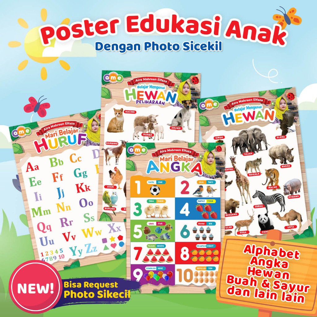 Poster Edukasi Anak Alphabet Angka Nama Hewan
