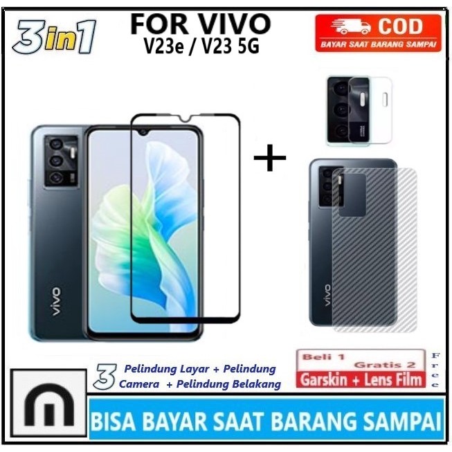Promo Paket 3in1 Tempered Glass Vivo V23e V23e 5G Full Cover Anti Gores Kaca Full Layar Screen Prote