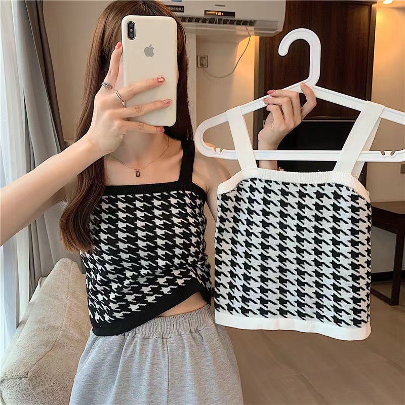 Square Neck Knit Tank Top Motif Houndstooth Tanktop Tali Rajut Halus Wanita Import Korea