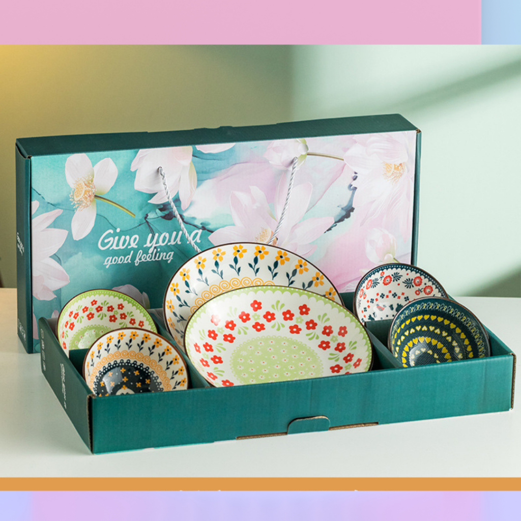 Hamper set Piring Mangkok Keramik Flower Motif Bunga Hampers Kado