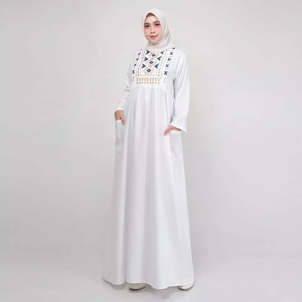 Gamis Abaya Kajian Pengajian Simpel Warna Putih Bordir Polos Jumbo Kekinian Adem LD 120 130 140 2XL 
