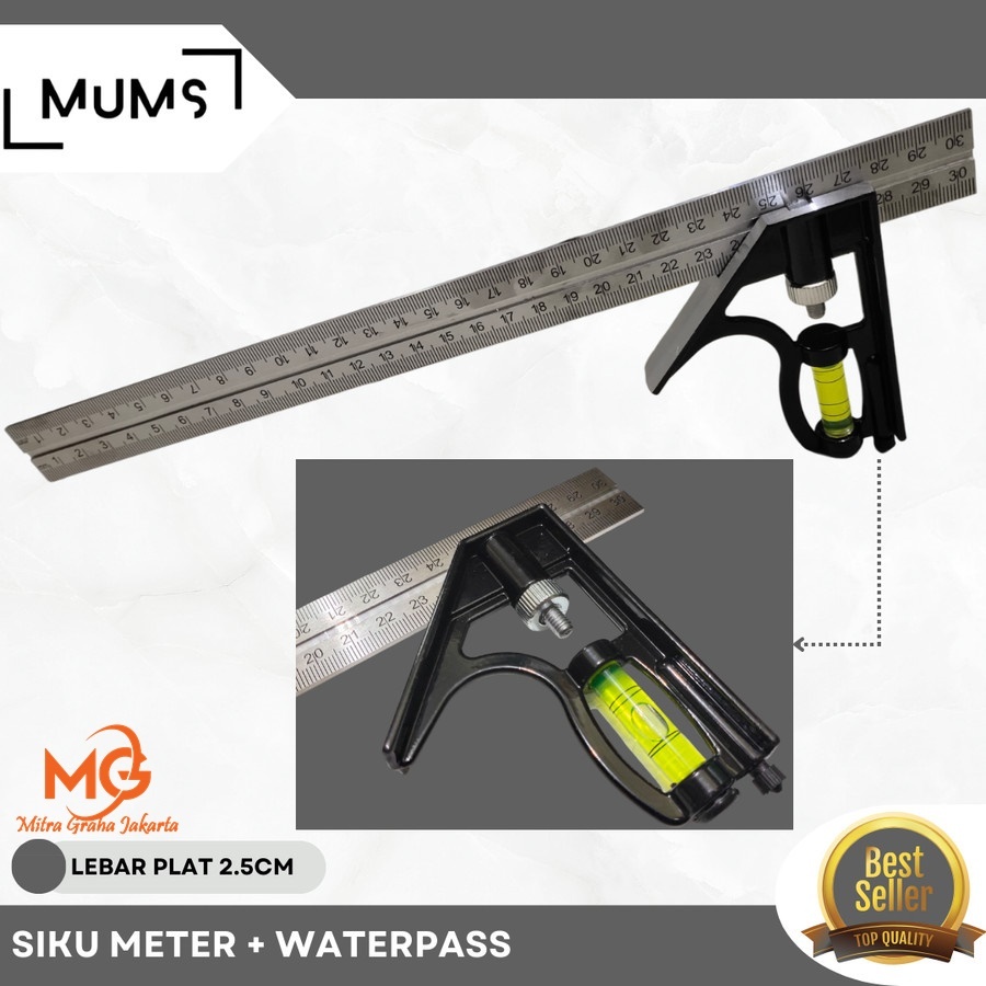 

gk Siku Meter Tukang 30cm Penggaris Besi Sudut L + Wateass MGj
