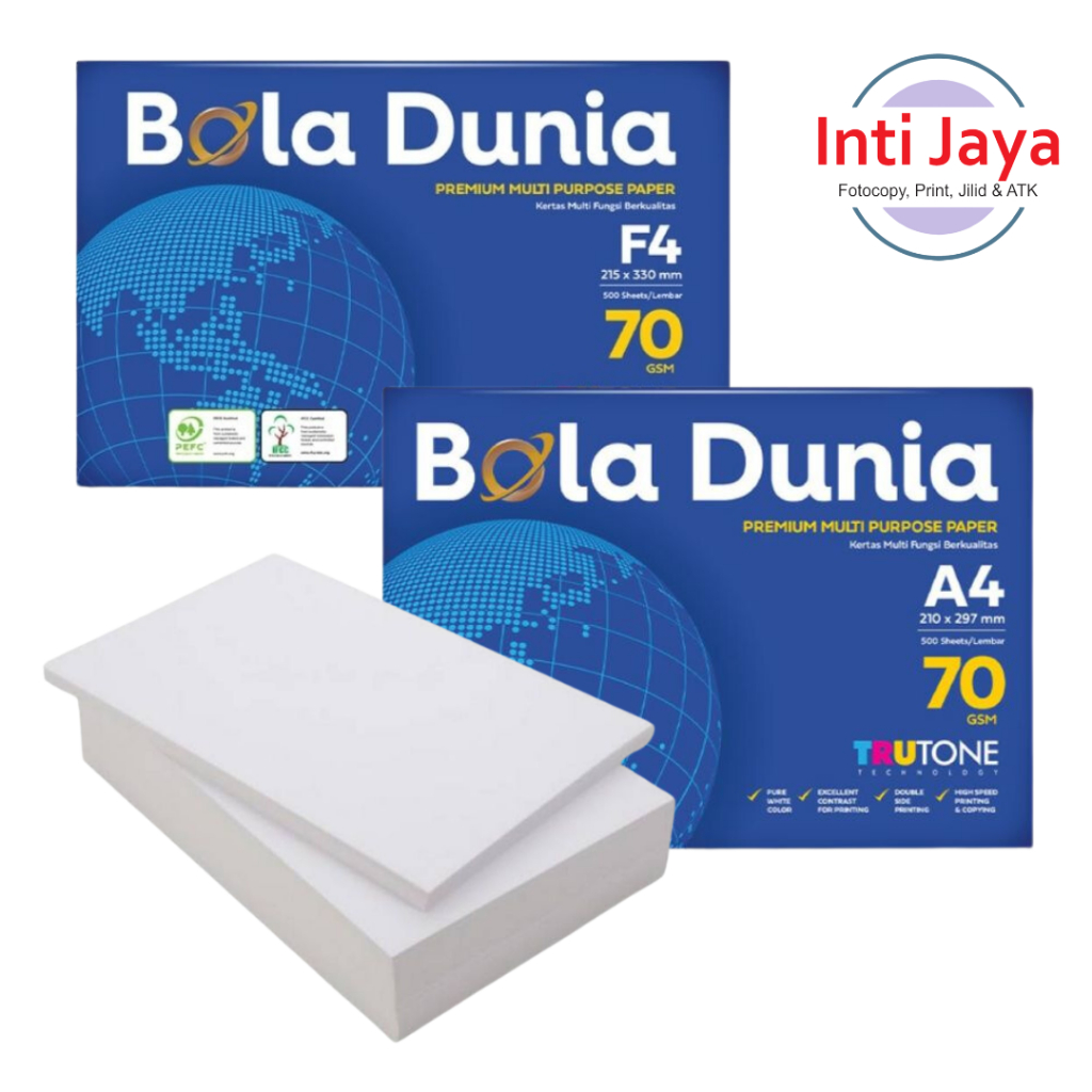 

Kertas HVS 70 gsm Bola Dunia A4 F4 1 Rim/ Box