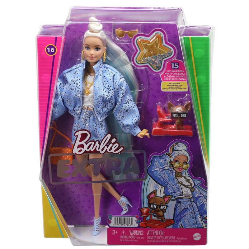 Barbie  Extra Doll With Pet Chihuahua & Blue Paisley Print Skirt Original