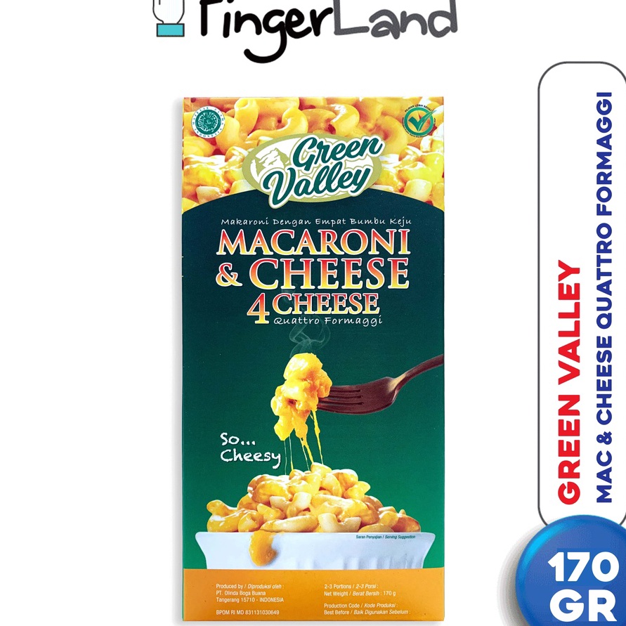 

Terlaku GREEN VALLEY Macaroni and Cheese Quattro Formaggi 17 Gr 4 Jenis Keju