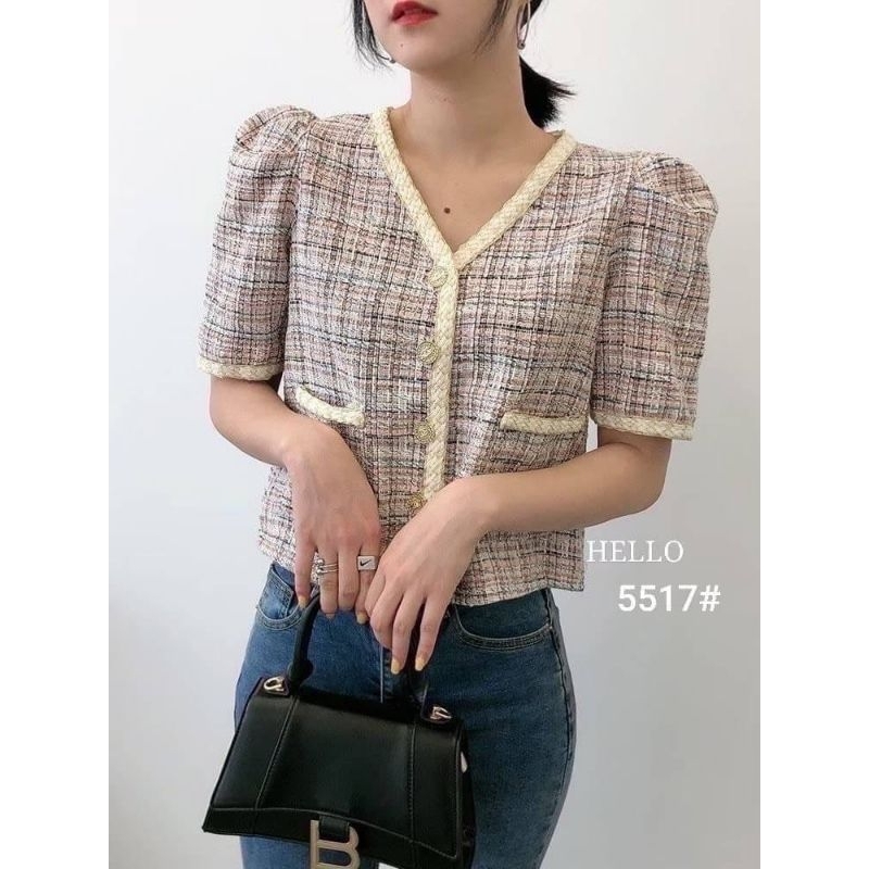 Tweed Blazer V Neck Top Lengan Pendek