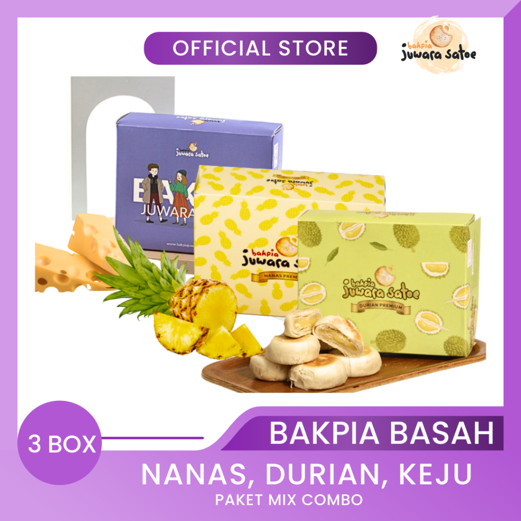 

BAKPIA JUWARA SATOE [ 3 Box ] Paket Mix Combo Bakpia Basah (Nanas, Durian, Keju) - Oleh Oleh Khas Jogja