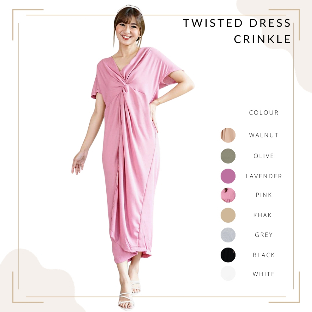 Long Dress Kaftan Wanita Polos Crinkle Modern Casual Lengan Pendek Kekinian Premium