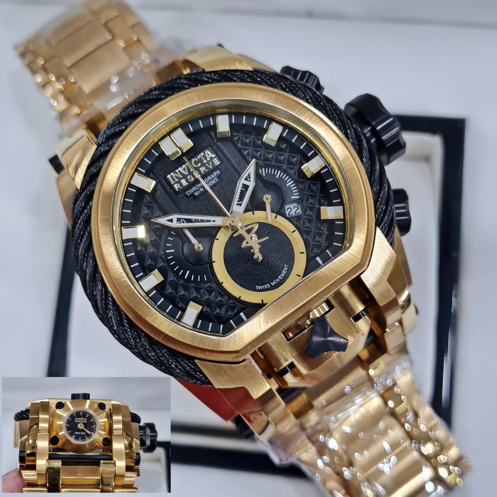 Jam Tangan Pria Big Size INVICTA Reserve Bolt Zeus Magnum Chronograph Bracelet Black Gold Steel