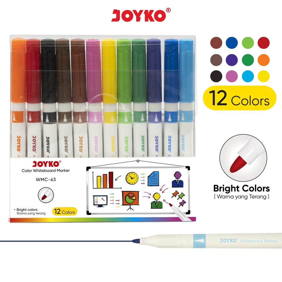 

ART R23A Spidol Warna Papan Tulis Color Whiteboard Marker Joyko WMC63 12 Warna