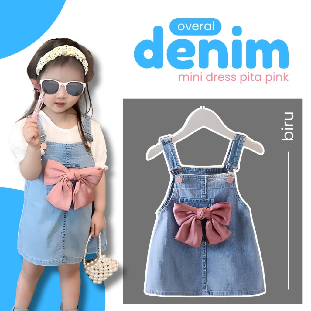 HOOBABY 1-7 Tahun Overall Anak Denim Jeans Pita Pink Perempuan Soft Mini Dress Import