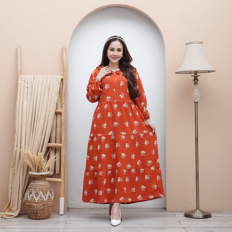 MIDI DRESS MOTIF BUNGA BUSUI FRIENDLY BAHAN RAYON PREMIUM GAMIS SUSUN LENGAN PANJANG MOTIF KEKINIAN 
