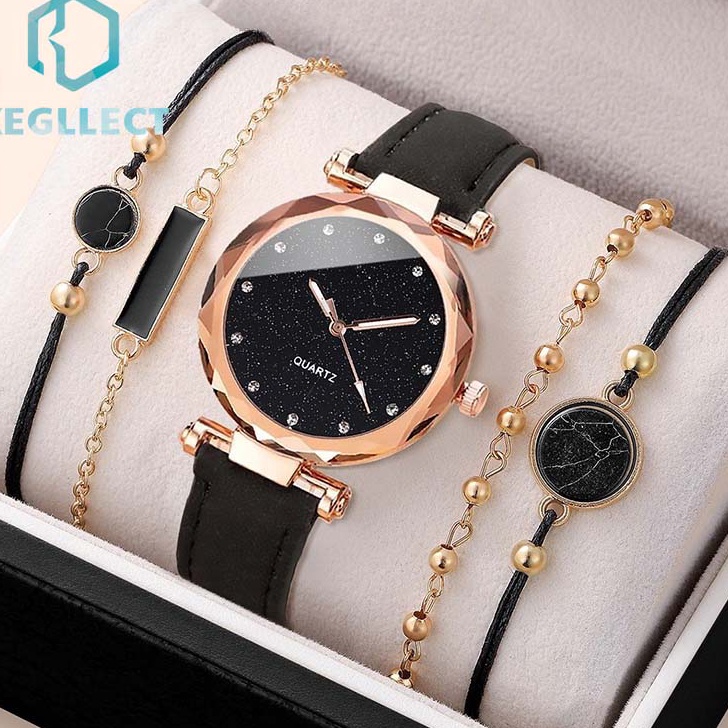 TERMURAH Set Gelang Jam Tangan e Wanita Gelang Jam Tangan Kuarsa Tali Kulit Dial Berbintangno Box